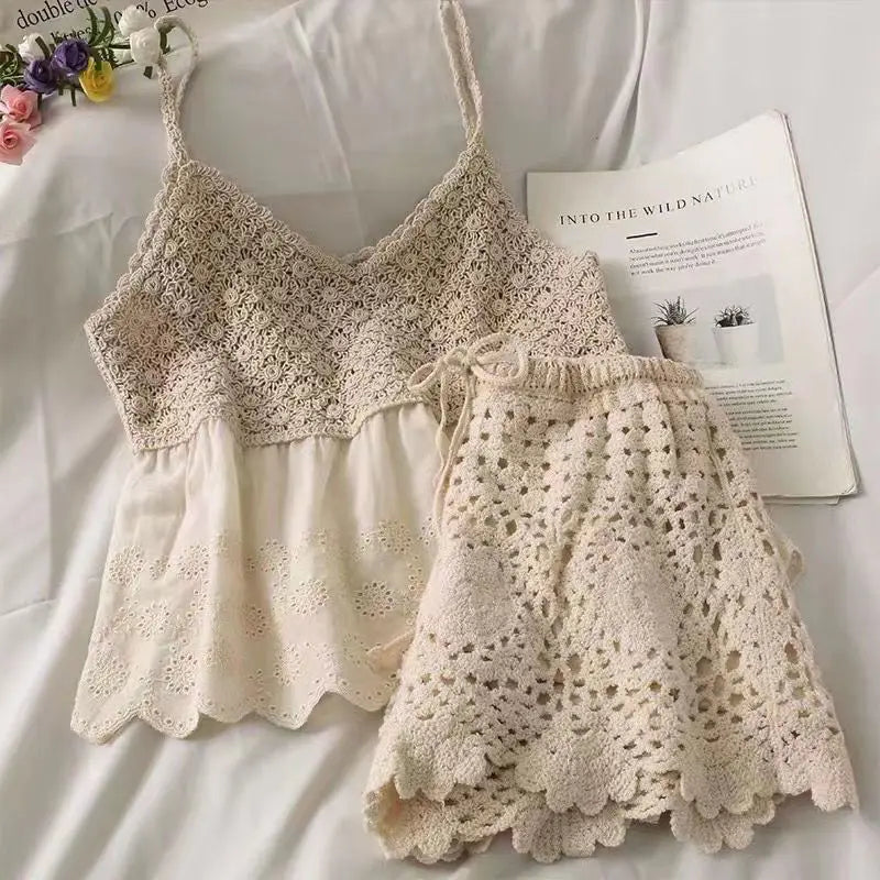 Summer Style Hollow Lace Hook Flower Vneck Camisole Tank Top Shorts Slimming Two Piece Sets Outfits
