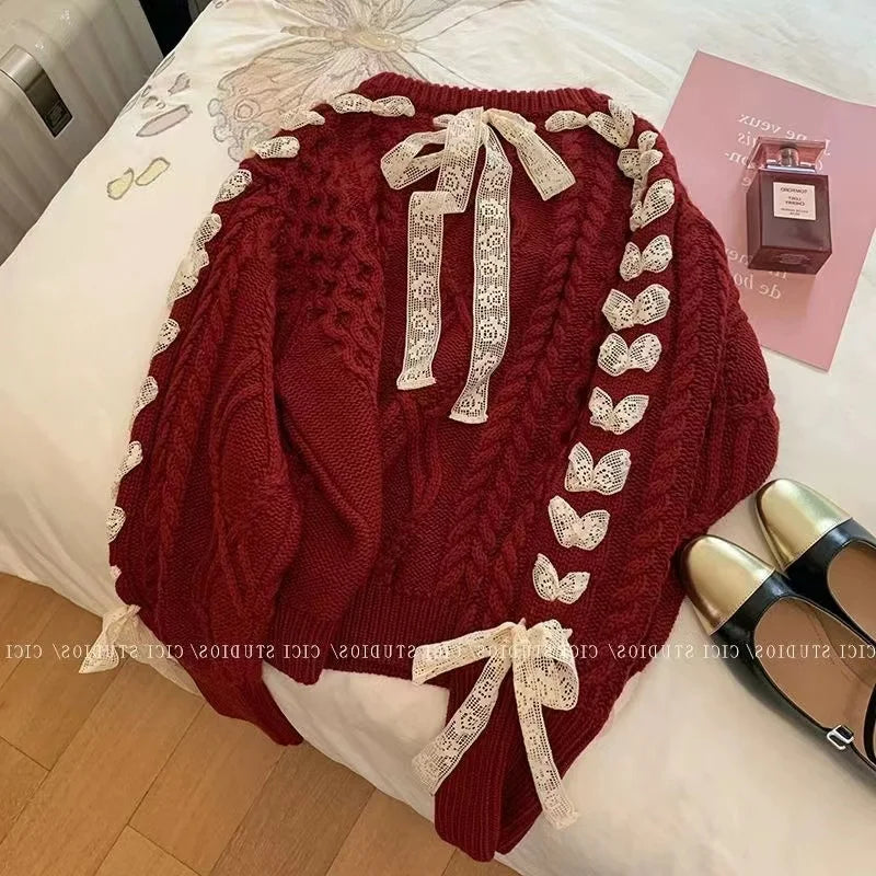 Sweet Hot Girl Christmas Red Twist Sweater Autumn/winter Laceup Bow Knitted Pullover Female Clothes