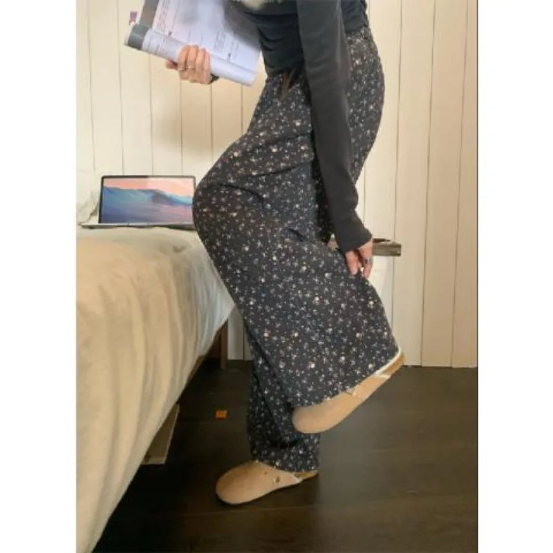 Sweatpants Woman Korean Baggy Thick Flower Print Wide Leg Pants Harajuku High Waist Autumn Warm Trousers