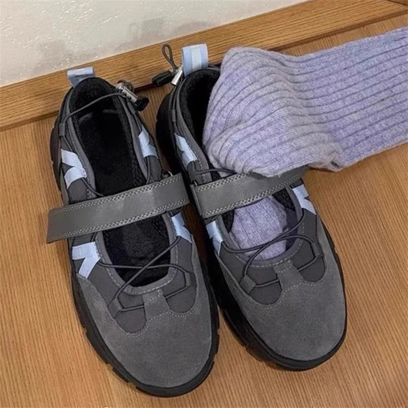 Retro Hook&loop Thick Bottom Sneakers Round Toe Sport Shoes Elastic Band Design Nonslip Tenis Femininos Shoes