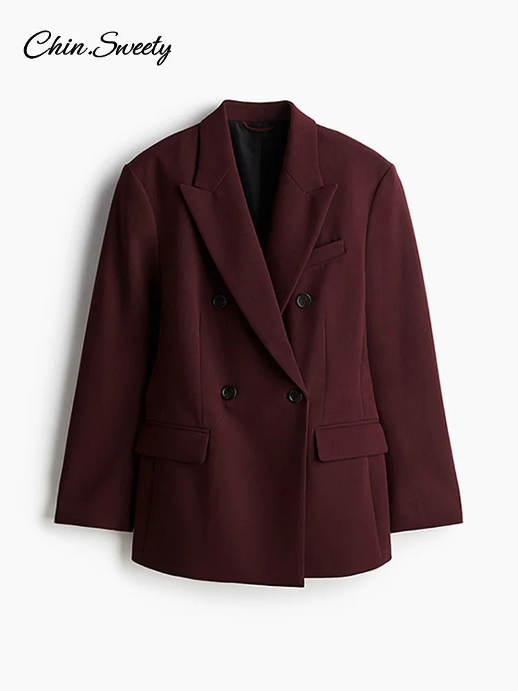 Burgundy Lapel Blazer Coat Double Breasted Full Sleeve Pocket Jacket Fall New Female Commute Outwear