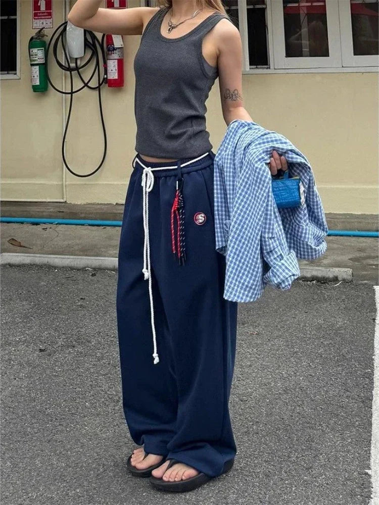 Y2k Kpop Oversized Sweatpants Wdie Leg Trousers With Belt Gyaru Korean Baggy Joggers