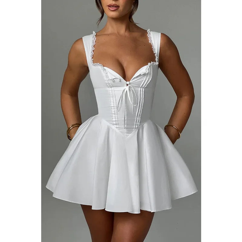Corset Dress Color Square Collar Sleeveless Lace Trim Hem a Line Mini Dress Evening Party Dresses