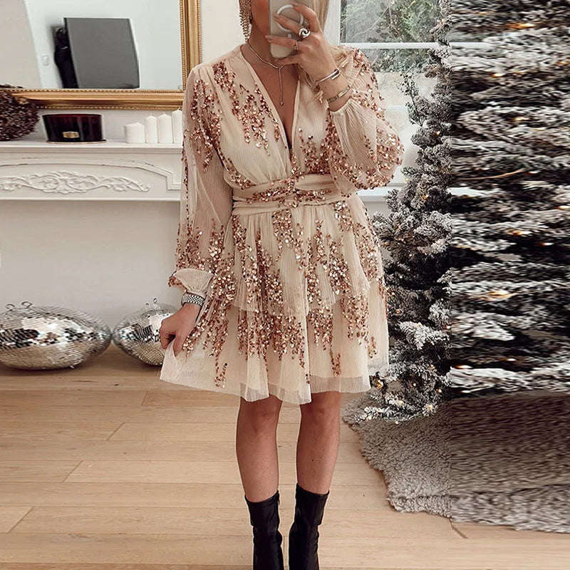 Deep Vneck Layer Christmas Dress Spring Glitter Sequins Shiny Party Dress Autumn Long Sleeve Tunic Aline Mini Dress