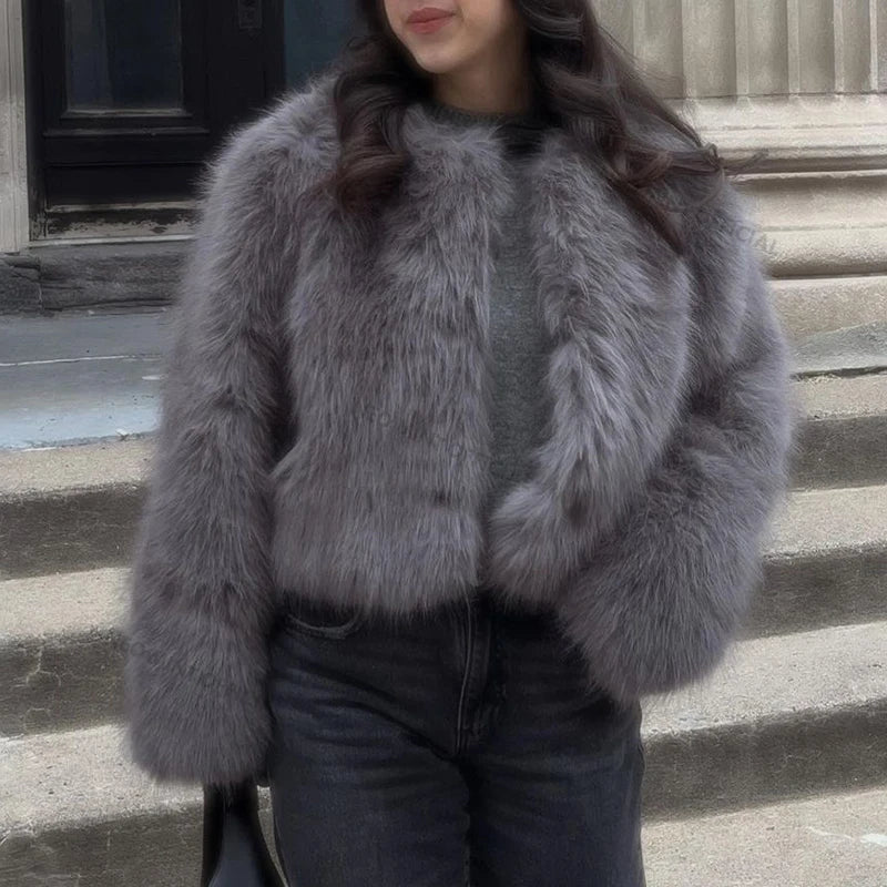 Brand Winter Sweet Pink Cropped Faux Fur Coat Ins Fluffy Fox Fur Jacket Female