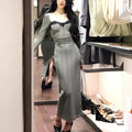 Bodycon Evening Party Dresses Long Sleeve Lace Square Collar Midi Dress High Split Prom Robe Autumn Vestidos New