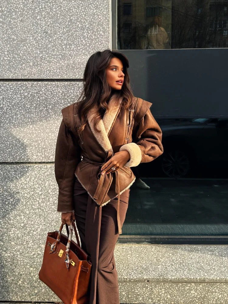 Warm Furry Leather Woman Jacket With Belt Lapel Long Sleeve Motorcycle Coat Lady Winter High Street Outerwear