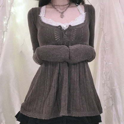 2000s Long Sleeve Babydoll Knitted Sweater Tops Cottage Milkmaid Pullovers Aesthetic Grunge Y2k Knitwear T-shirts