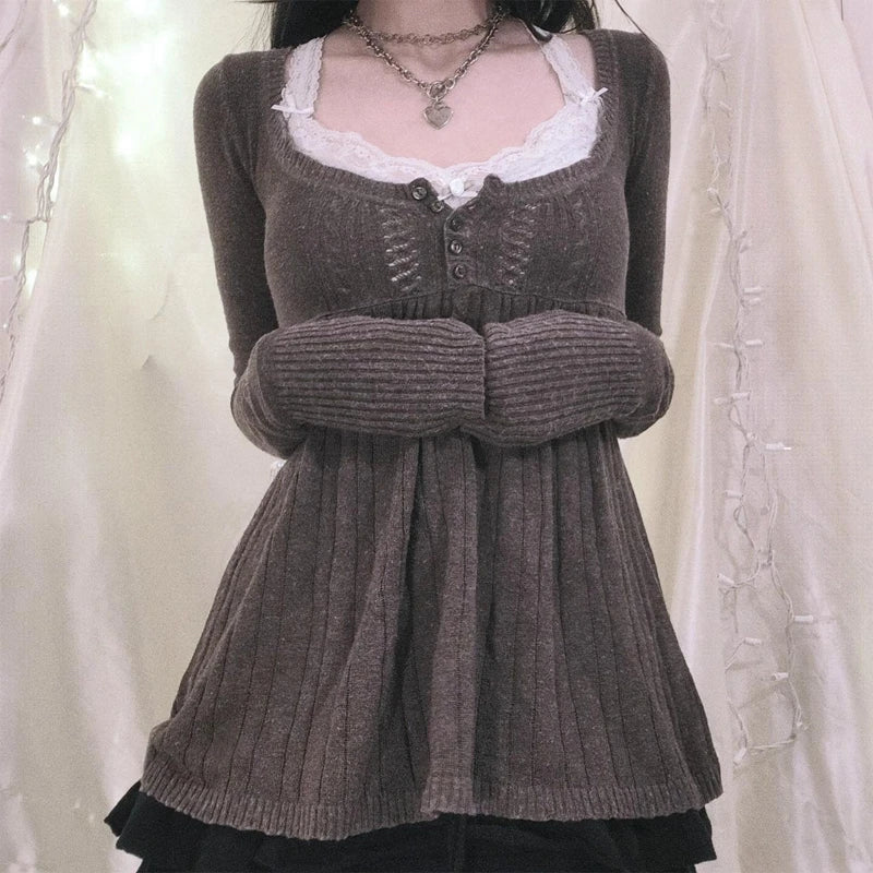 2000s Long Sleeve Babydoll Knitted Sweater Tops Cottage Milkmaid Pullovers Aesthetic Grunge Y2k Knitwear T-shirts