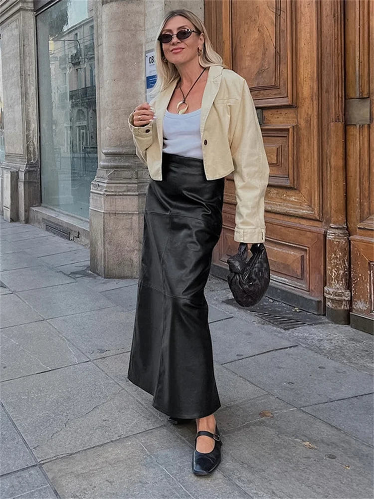 Black Pu High Waist Long Skirt for Patchwork Commute Slim Autumn Plaid Skirt Female Maxi Skirt