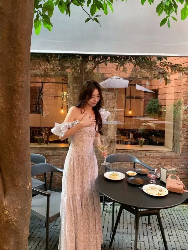 Purple Square Collar Flower Bud Sleeve Dress Summer New Fresh Sweet Fairy Temperament Long Dresses