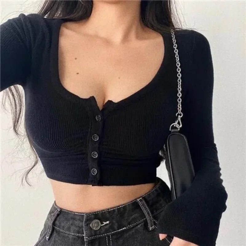 ’s V-neck Tank Tops T-shirt Short Sleeve Color Button Crop Top Clubwear Top Summer Slim Short T-shirt for