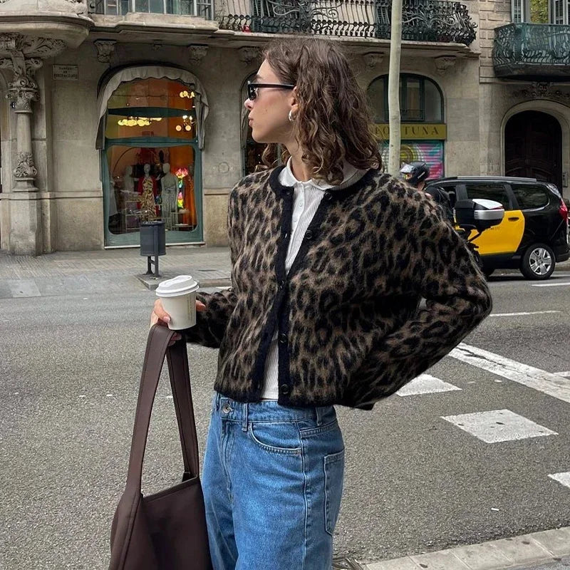 Leopard Print Knitted Mohair Cardigans O Neck Single Breasted Short Sweater Autumn New Lady