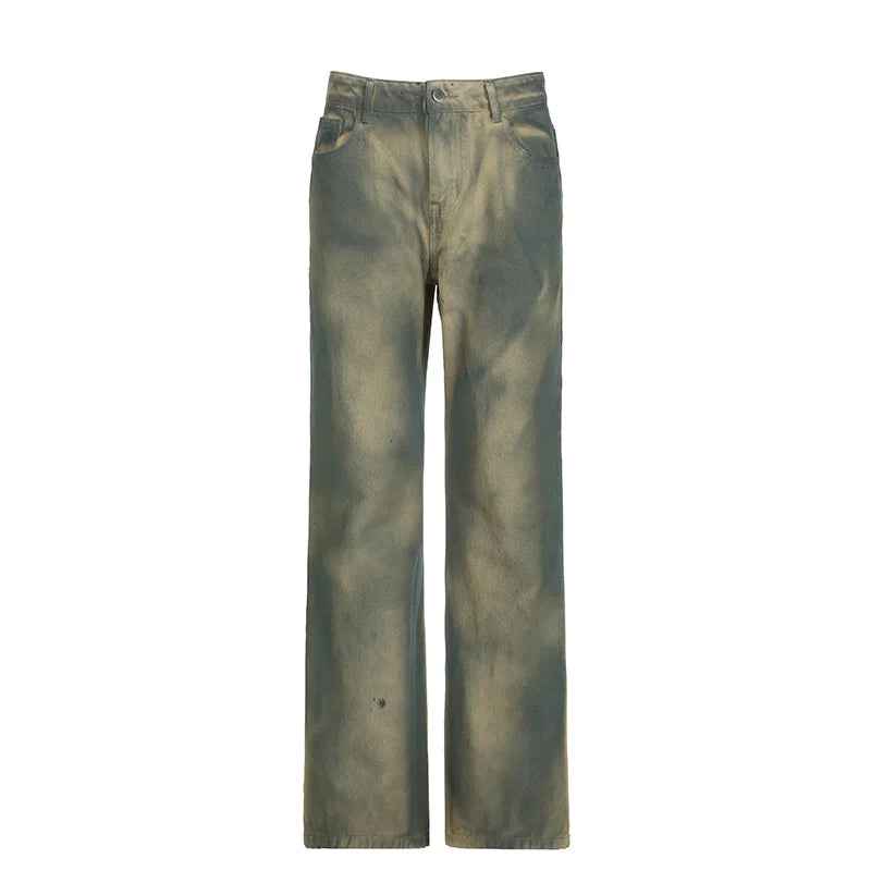 Gradient Color Jeans Loose Washed Y2k Wide Leg Pant High Street Straight Denim Trousers