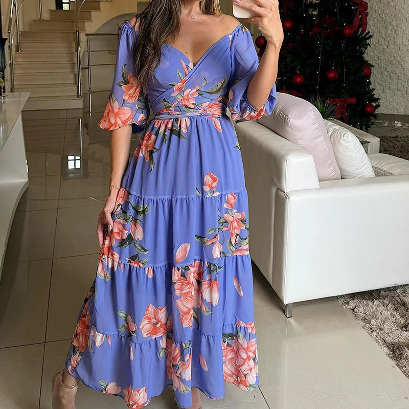 Half Sleeve Swing Beach Long Dress Female Draped Loose Party Dress Print Off Shoulder Pleat Dress