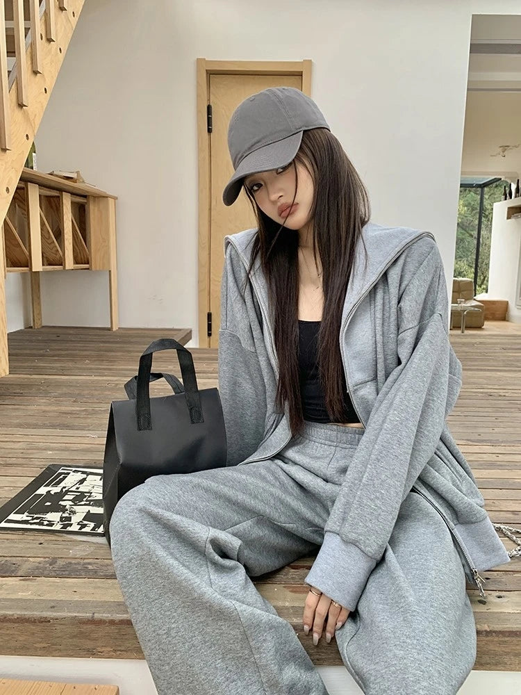 Y2k Two-piece Set Tracksuit Stand Collar Long Sleeve Zip-up Sweatshirt Long Pants Korean Autumn New Outfits