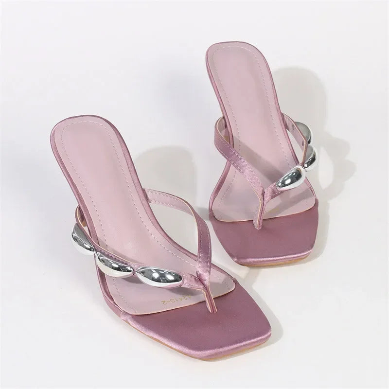 Metal Narrow Band Designer Flip Flops Summer Slippers Party Low Heels Gladiator Slide Sandals Mules Shoes
