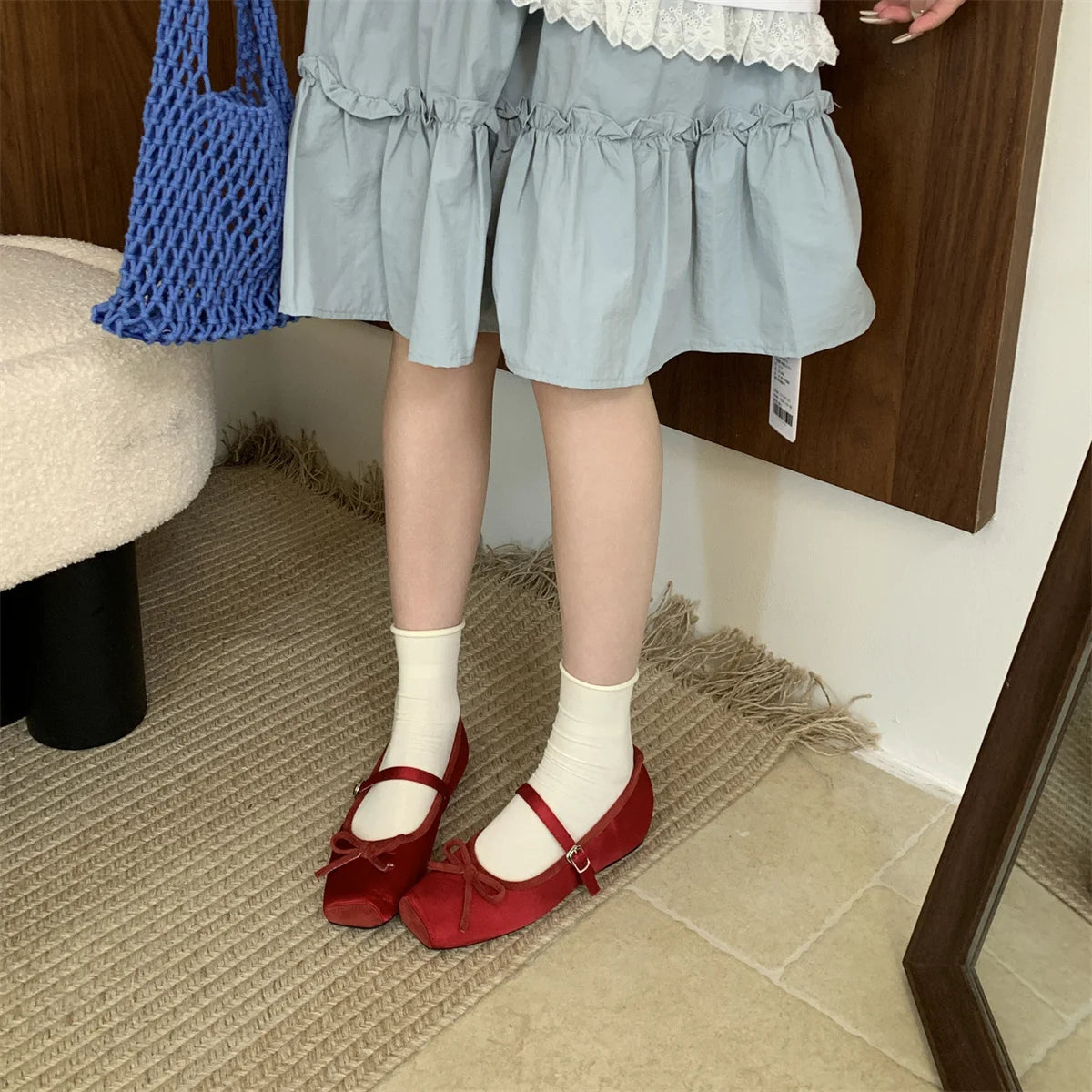 Woman Shallow Mouth Grandma Shoes Female Footwear Soft Bowknot Square Toe Ballet Dress Butterfly New