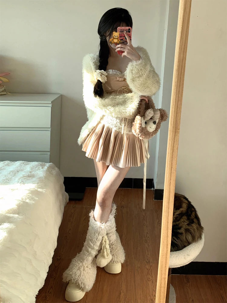 Y2k Coquette 2000s Aesthetic Ballet Core Rave Birthday Gyaru Outfits 2 Piece Set Camisole + Night Club Mini Pleated Skirts