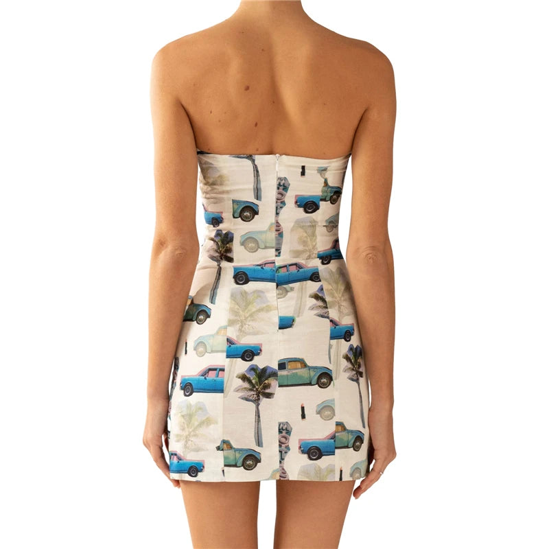 Aesthetic Dress Y2k Print Off Shoulder Strapless Sleeveless Mini Dress Going Out Party Dresses Clubwear