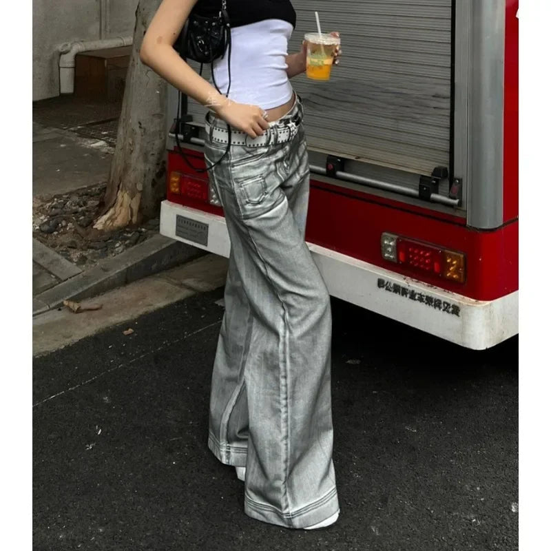 Bleached Distressed Jeans Spring New High Waist Multibutton Loose Denim Wide Leg Pants