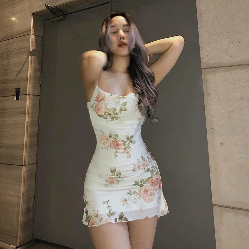 2000s Mini Dress Y2k Aesthetic Sleeveless Ruffles Hem Kawaii Sundress Sweet Girl Fairycore Dresses