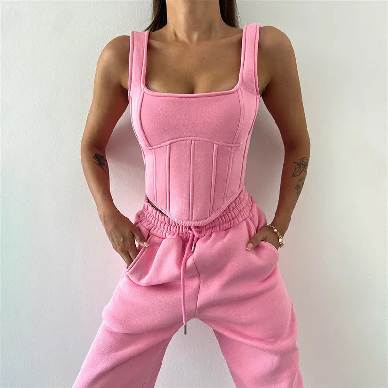 Lace Up Pants Sets Slim Splice Tank Tops Woman Long Sleeve Short Hoodies and Pant Suits Outfits Winter