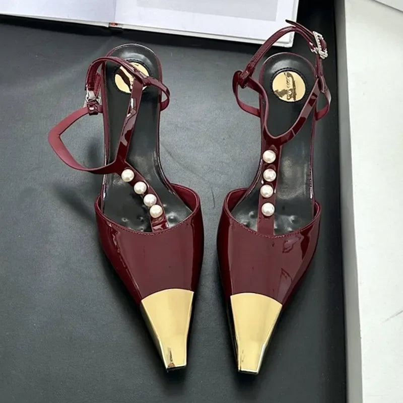 Metal Pointed Toe Stiletto Sandal Pearls Strap Buckle Designer High Heels Party Prom Shoes Summer Pumps