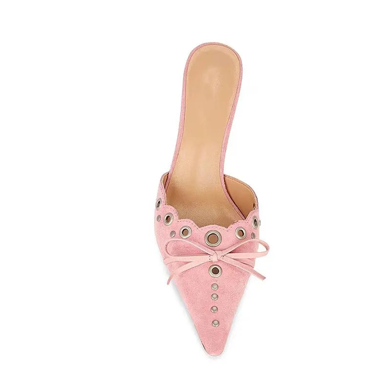 Suede Bow Cutout Pointed Toe Slippers Stiletto High Heels Metal Decorative Sandals Shallow Mules Shoes