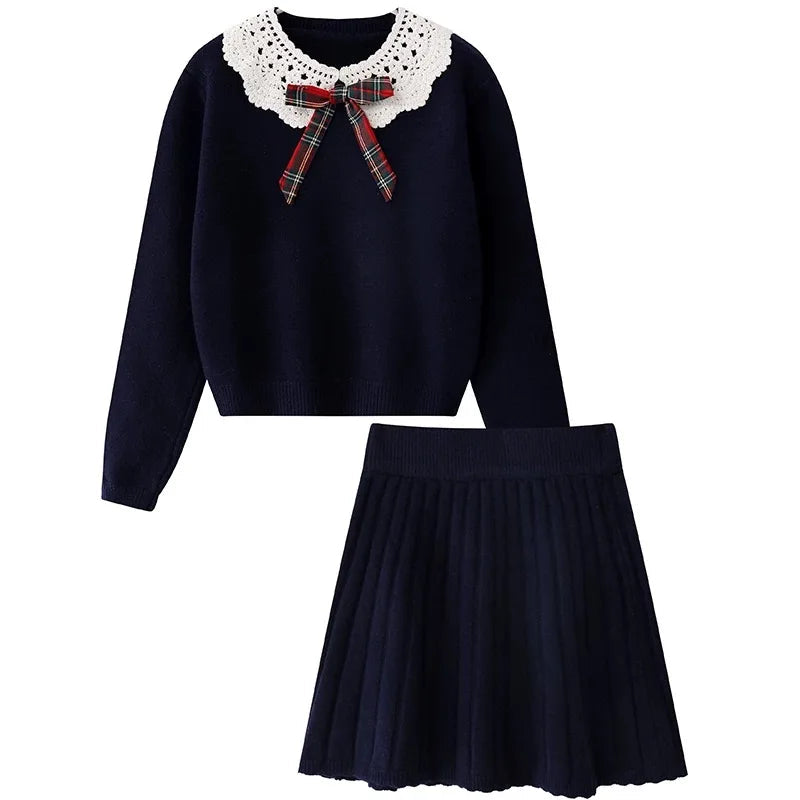 Sweet Hot Girl College Style Suit Autumn Bow Peter Pan Collar Sweater High Waisted Short Skirt Twopiece Set