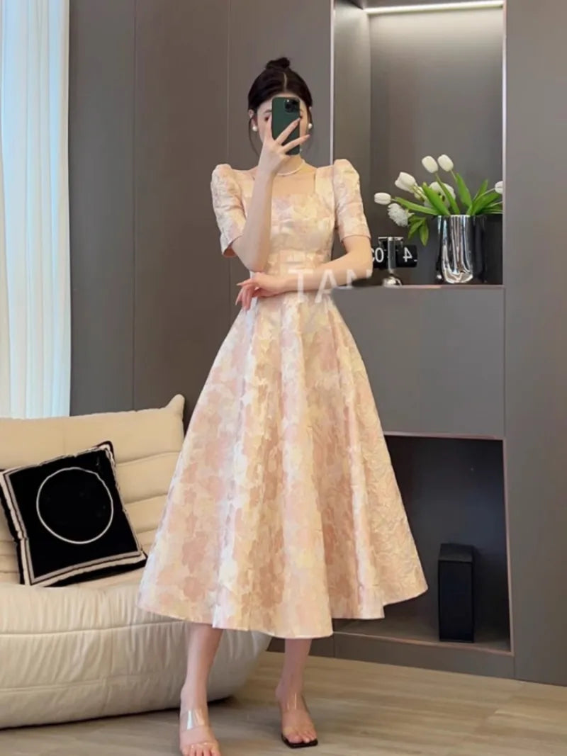 New Bubble Sleeve Pink Waist Cinching Summer Printing Gentle French Slimming Temperament Long Dresses