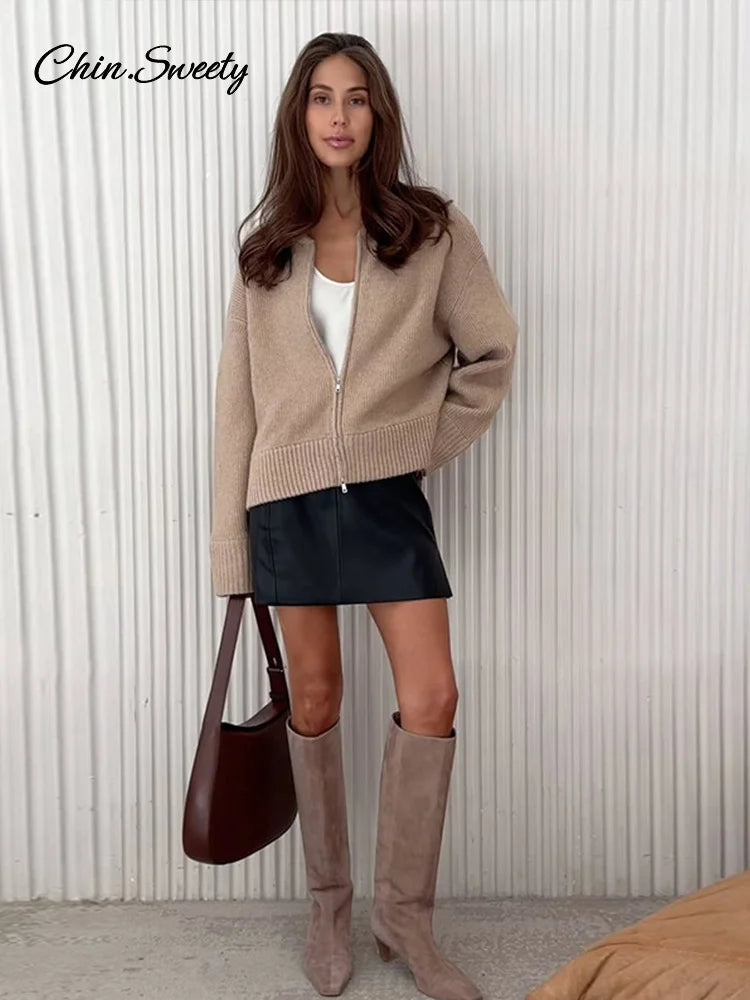 Autumn Winter Zipper O-neck Knitted Cardigans Loose Long Sleeve Sweater Top Lady All-matching Knitwear