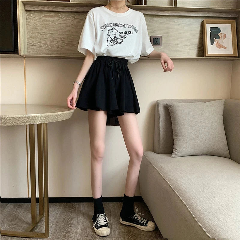 5xl Summer Shorts Skirts Elastic High Waist Wide Leg Shorts Korean a Line Loose Mini Skirt Black Short Pants