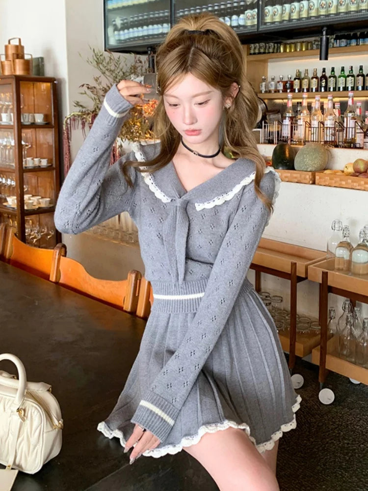 Y2k Sweet Knit Pleated Mini Skirts Suits Korean Preppy Style Two Pieces Set Female Slim Sweater New Outfits