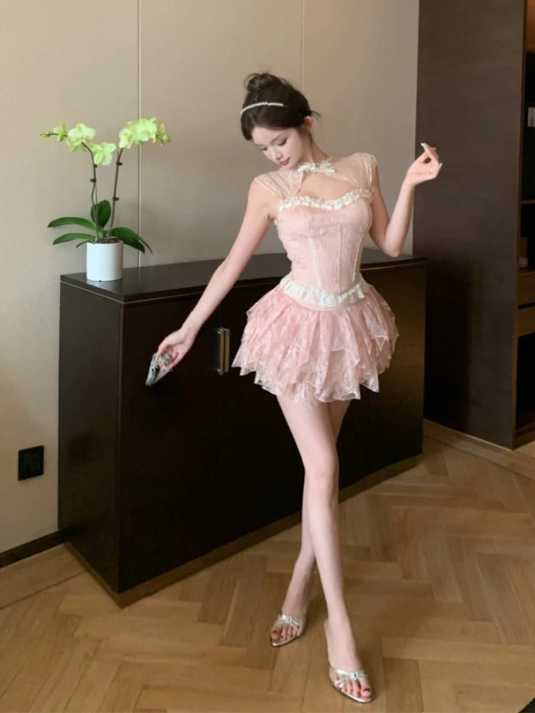 Sweet 2 Piece Skirt Sets Female Bow Lace Patchwork Y2k Corset Blouse + Mini Skirts Japanese Lolita Suits Summer New