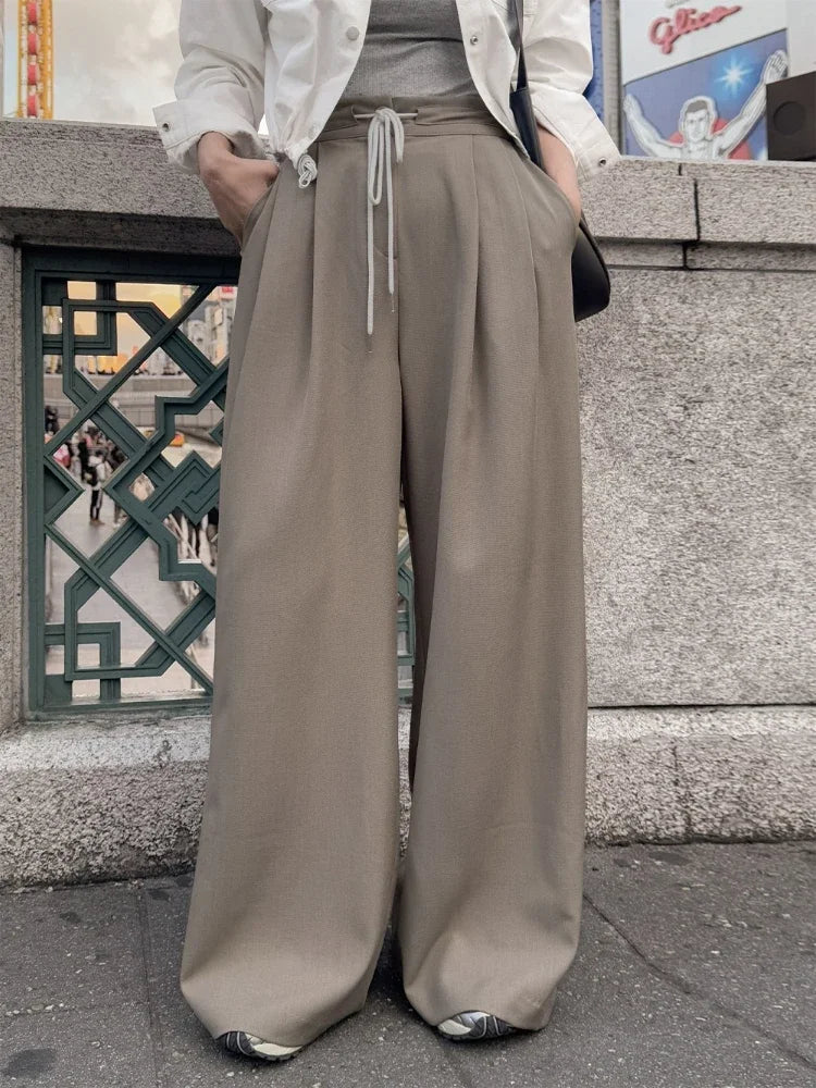 Loose Wide Leg Pants New Spring Summer High Waist Laceup Full Length Trousers Pocket Female