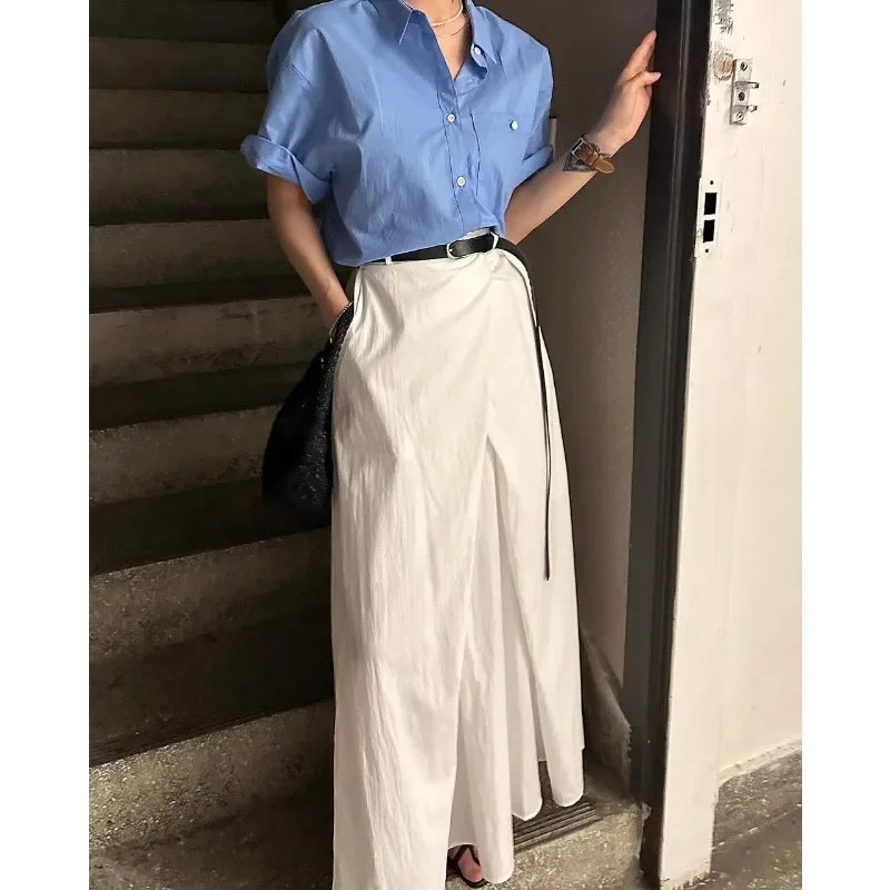 Color Pleated Midlength Skirt Summer New Korean High Waist Loose All Match Aline Skirt