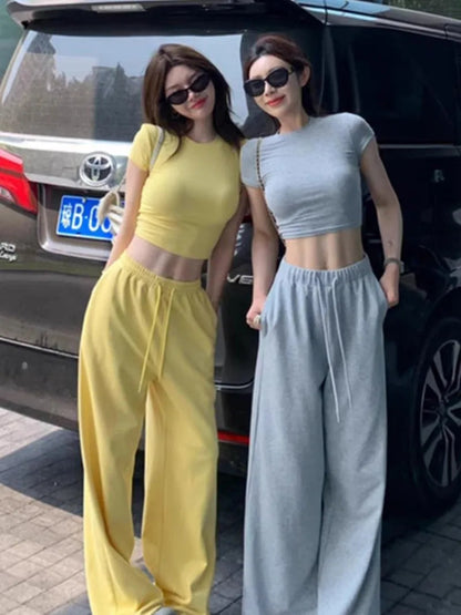 Sweet Hot Girl Suit Summer Slim Fit Oneck Shortsleeved Tshirt Wide Leg Long Pants Twopiece Set Female Clothes