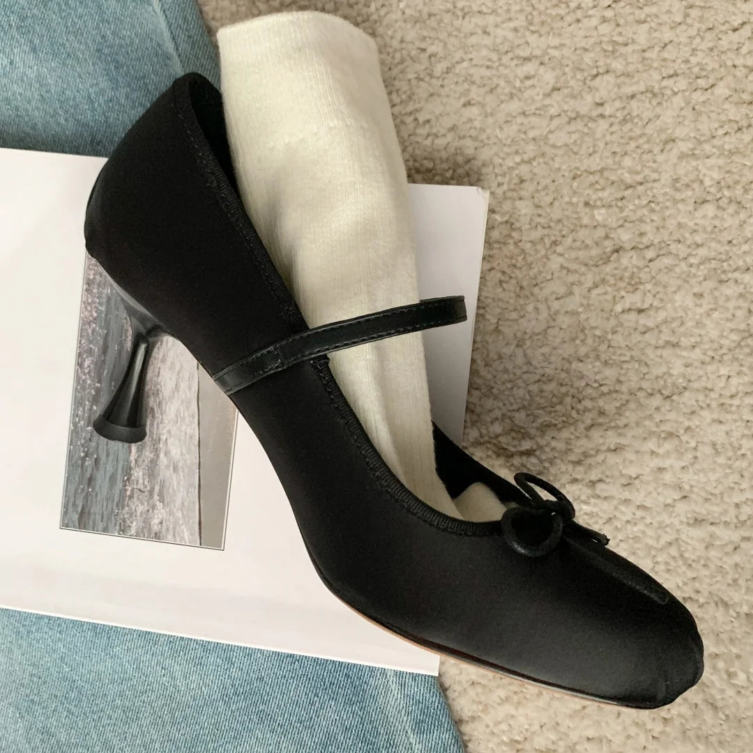 Satin Fabric Sweet Bow Tie Slipon Mary Jane Pumps Pink Daily Dress Heeled Shoes for Woman Spring
