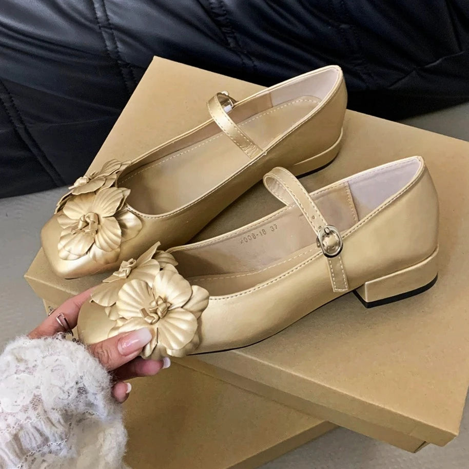 Chunky Heel Flower Mary Jane Shoes Fashions Low Heel Shoes Square Toe Ballet Shoe Designer Pumps Female