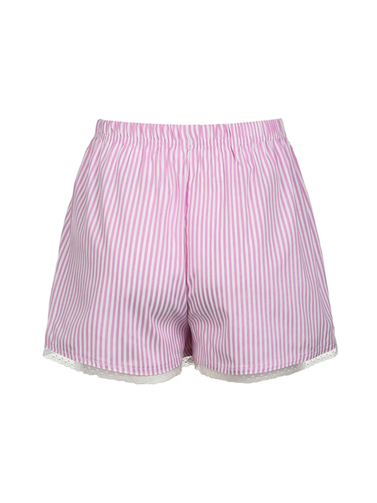 Pink Sweet Y2k Lace Trim Stripe Summer Shorts Japanese Kawaii Elastic Waist Button Loose Vacation Outfits