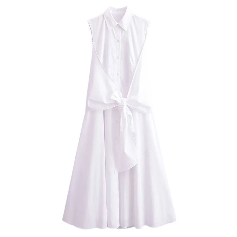 Woman Sleeveless Lace Up Dress Ruched Slim Lapel Shirt Midi Dresses Female Singlebreasted Long Dress