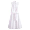 Woman Sleeveless Lace Up Dress Ruched Slim Lapel Shirt Midi Dresses Female Singlebreasted Long Dress