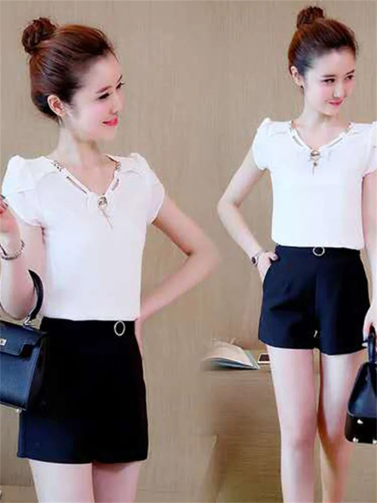 ’s Tops Chiffon Blouse Short Sleeve Summer Blusas Woman Shirt Blouses Female Top Tee Df2584