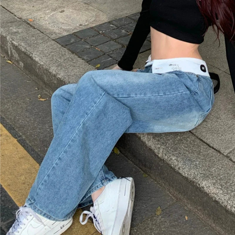 Distressed Patchwork Loose Jeans Summer New Low Waist Letter Printed Denim Wide Leg Pants