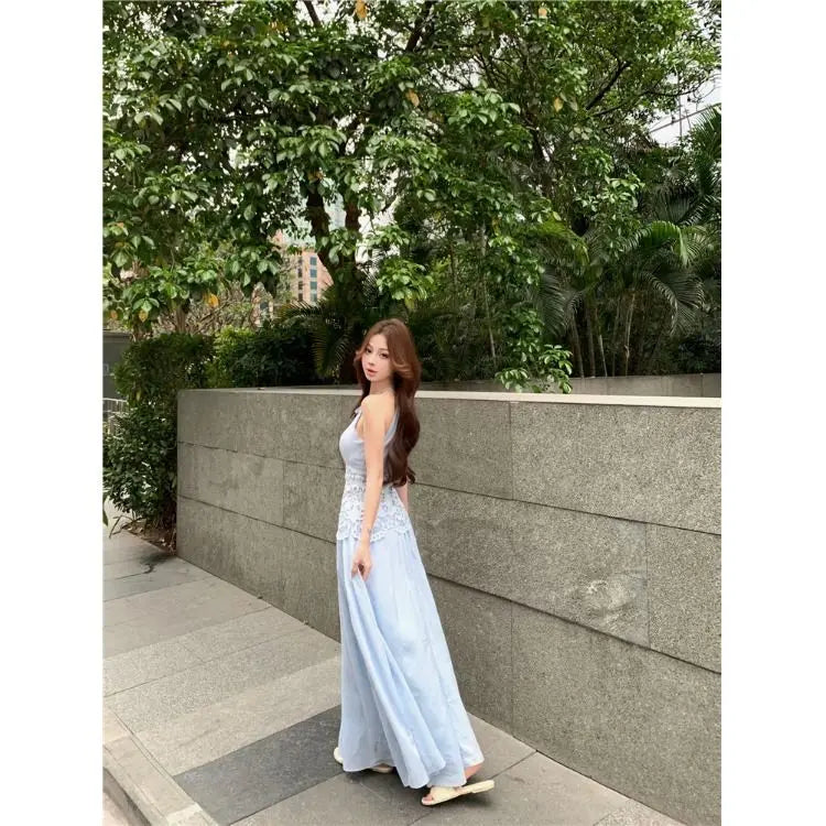 Lace Patchwork Hanging Neck Dress Summer Waist Cinched Sleeveless Spicy Girl Temperament Aline Long Dresses