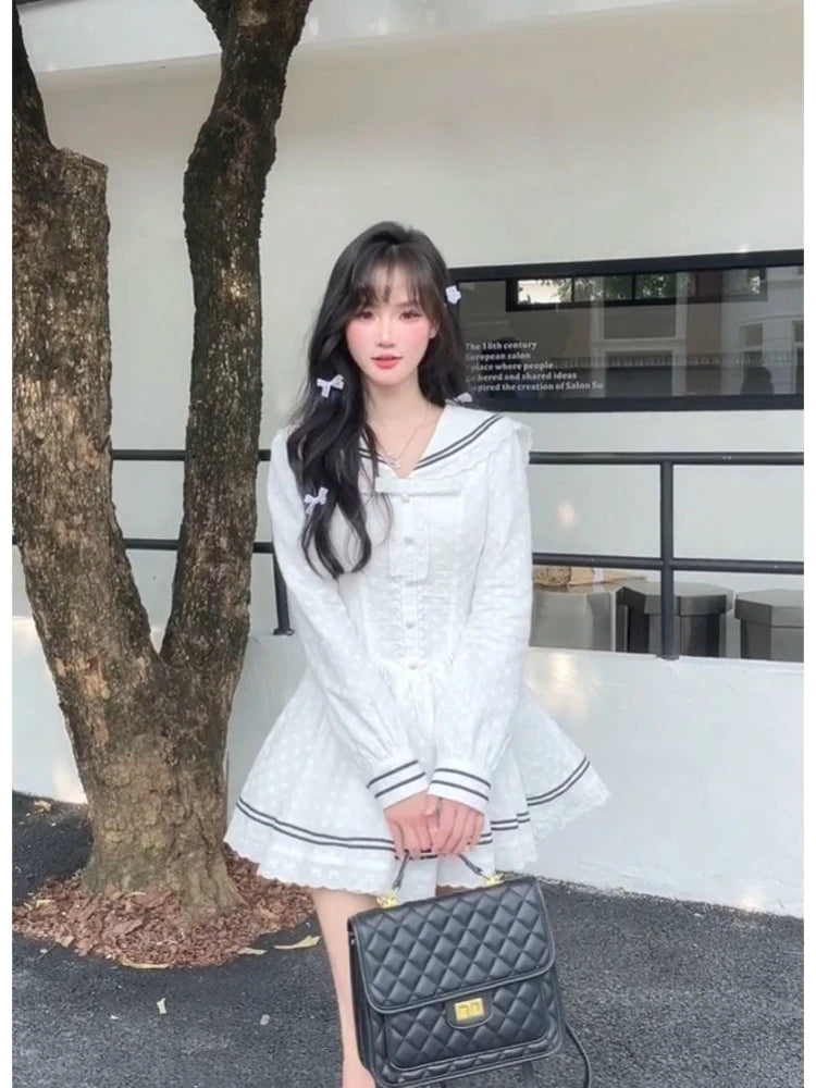 Mini Dresses Sweet Sailor Collar Long Sleeve Slim Ins Lace Bow Party Dress Preppy Style Female