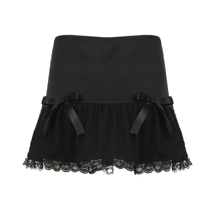 New Bow Tie Lace Black Skirt for Summer Sweet Low Waist Slimming Spicy Girl Aline Ultra Short Mini Skirts