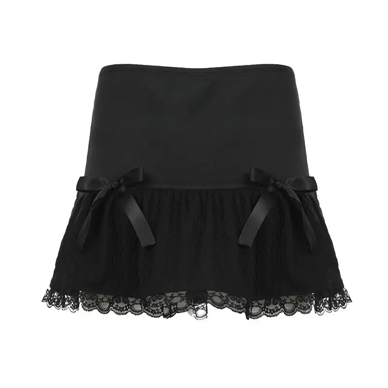 New Bow Tie Lace Black Skirt for Summer Sweet Low Waist Slimming Spicy Girl Aline Ultra Short Mini Skirts