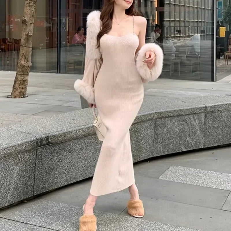Autumn New High Street Color Threaded Chain Knit Dress + Loose Plush Spliced Cardigan Twopiece Suit